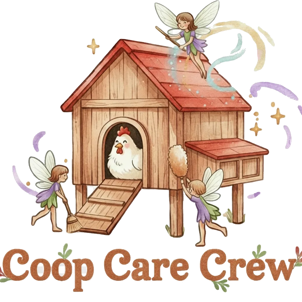 Coop Care Crew logo: garden fairies with a broom and feather duster tidying a red wooden chicken coop with a hen in the doorway