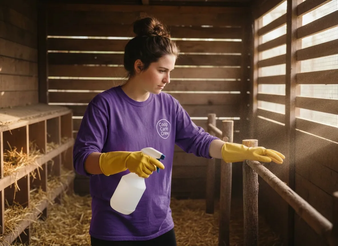 A Coop Care Crew technician in a teal shirt and yellow gloves cleaning inside a wooden chicken coop