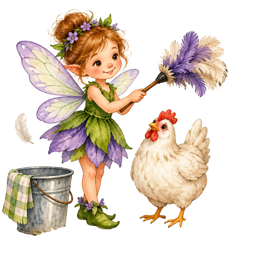 A friendly purple-and-green fairy dusting beside a white hen