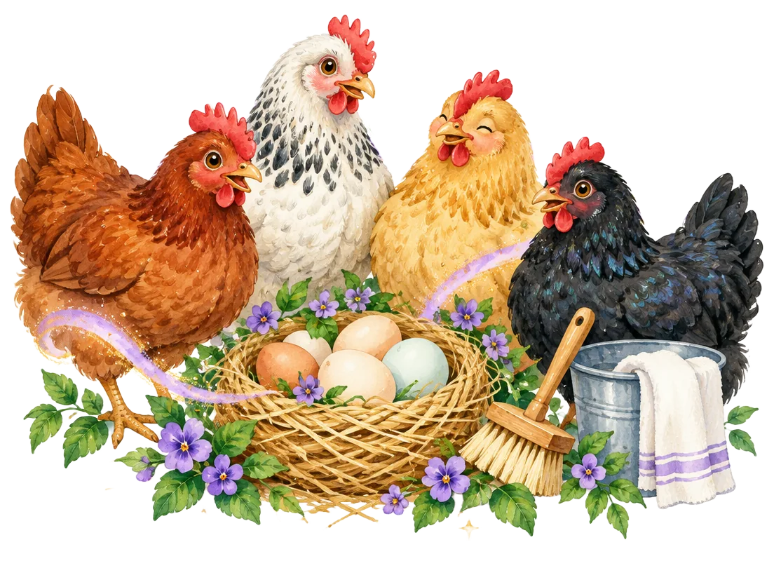 A colorful happy flock gathered around fresh eggs with purple flowers and sparkles