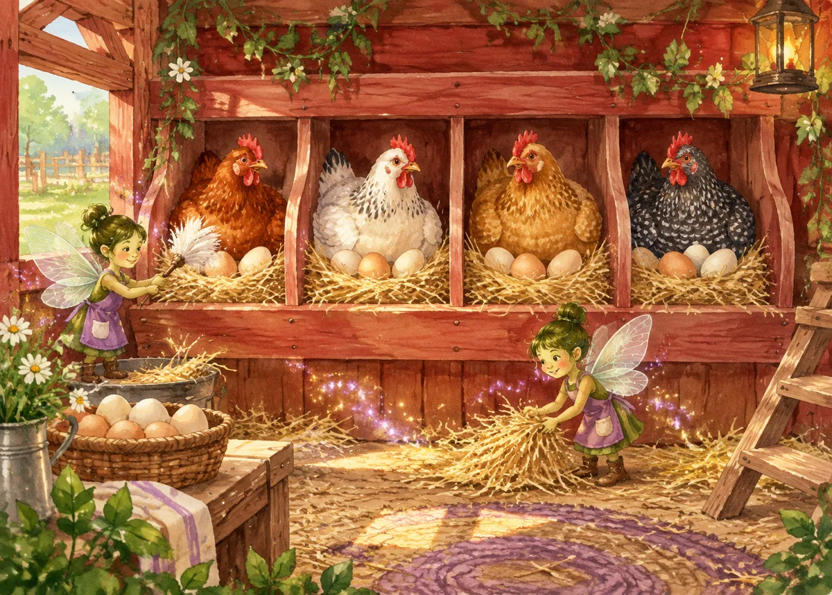Happy hens laying fresh eggs in clean wooden nesting boxes while two tiny fairies tidy the coop with purple and gold magic