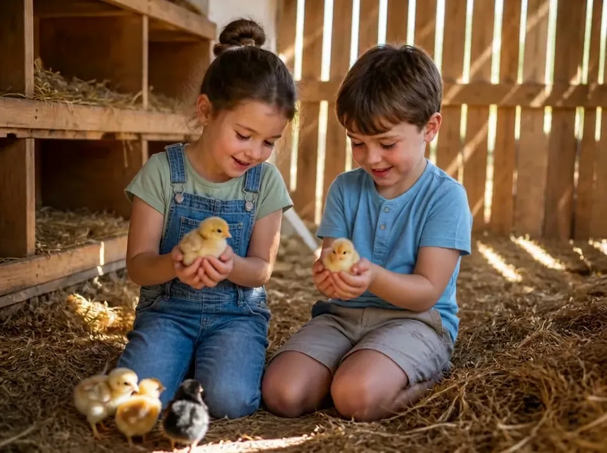 Two children sitting in straw inside a sunlit wooden chicken coop, each holding a fluffy baby chick