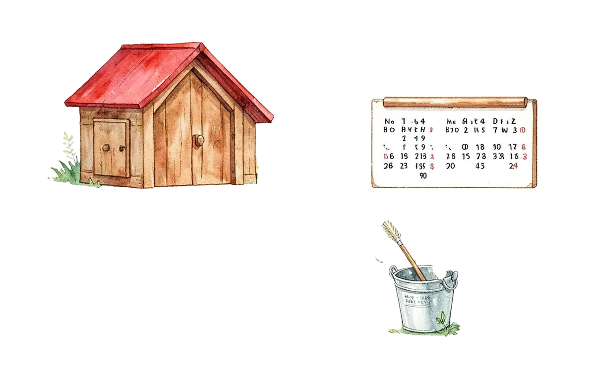 Watercolor coop, calendar, and treatment pail illustrating a two-visit care plan